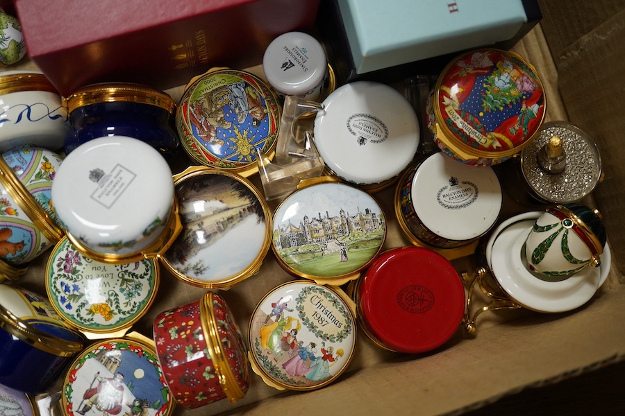 A collection of Halcyon Days enamel patch boxes, some cased. Condition - varies